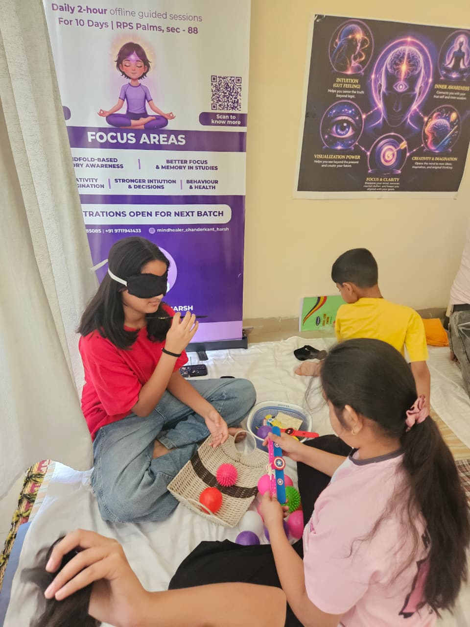 Blindfolded sensory-awareness exercise during a workshop